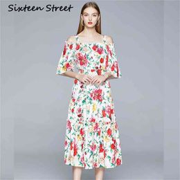 Autumn Rose floral printed Woman Dress slash neck short sleeve vintage casual mid-calf dress female fashion bodycon 210603