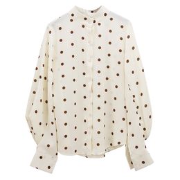 Women Polka Dot Mandarin Collar Beige Puff Sleeve Full Shirt Long Korean Top Fall Autumn B0169 210514