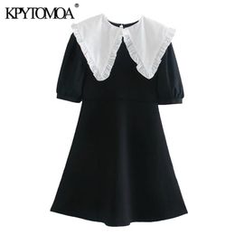 Women Sweet Fashion Patchwork Knitted Mini Dress Vintage Peter Pan Collar Short Sleeve Female Dresses Vestidos 210416