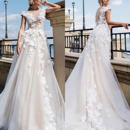 Splendidi abiti da sposa con maniche ad aletta in pizzo con applicazioni in pizzo Illusion Corpetto Tulle A Line Abito da sposa lungo taglie forti da giardino