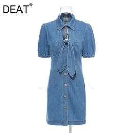 Women Blue Bow Sexy Denim Knee-Length Dress Turn-down Neck Short Sleeve Loose Fit Fashion Spring Summer GX237 210421