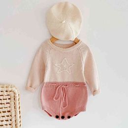 Spring Baby Clothes Girls Star Embroider Romper Autumn Long Sleeve Girl Knit Rompers Jumpsuit 210429