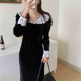 Black Gentle Elegant Women Velvet Chic Female Retro Patchwork Lace Slim Split Dress Vintage Fashion Long 210525