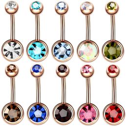 Double Gem Button Belly Piercing Women Belly Button Rings Rose Gold New Steel Rhinestone Sexy Belly Navel Piercing