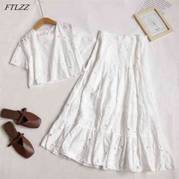 Summer Women Hollow Embroidery O-neck Short-sleeved Short Top High Waist Mid-length Ruffled Skirt Two-piece Suit 210430