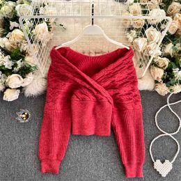 Leaky Clavicle Knitted Top Women Korean Retro Twist Sweater Autumn and Winter All-match Waist Short Bottoming Shirt HK174 210507