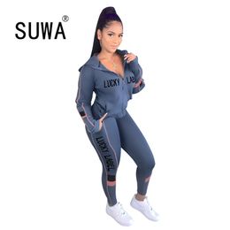 Autumn Women Letter Printed Zipper Up Long Sleeve Hooded Top Pencil Pants Suit Two Piece Set Casual Sporting Tracksuit Outfit 210525