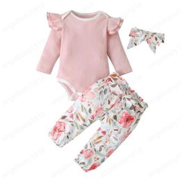 Elegant Girl Clothing Set Solid Colour Romper+ Flowers Pants +Headband Autumn Cotton Soft Kids clothes Three Piece sets 0-24 months