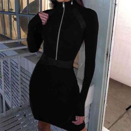 Fall Winter Slim Soft Ribbed Knitted Webbing Cross Zipper Mini Dress Turtleneck High Waist Solid Black Pullover Casual Vestidos 210517