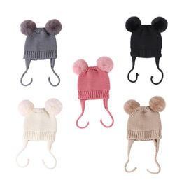 children Autumn/winter caps baby woolen hats Pure color acrylic double ball warm knit hat for childrens DD531