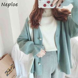 Sweet Sweaters Women Solid Loose Single Breasted V Neck Cardigans Autumn Casual Flare Long Sleeve Coats Femme 1E761 210422