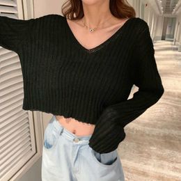 New Spring Summer Women Casual Loose V-neck Knitted Long Sleeve T-shirt Autumn Sexy Club Solid Off Shoulder Thin Crop Tops Shirt Y0621