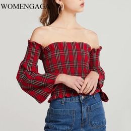 Summer Fashion RED Plaid Women Petite Off Shoulder Shirred Red Tartan Cheque Slash Neck Sexy Vintage Shirt Blouse POI8 210603