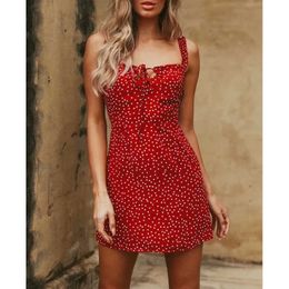 red blue green polka dot spaghetti strap backless slim summer mini dress for girls 210526