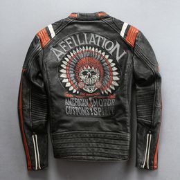 Mens locomotive leather jacket Affiliation Embroidery Classic Indian Skull stand collar American Motor custom spirit