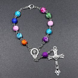 White Imitation Pearl Catholic Jesus Madonna Rosary Bracelet Christ Cross Pendant Acrylic Pine Religious Jewelry Necklace