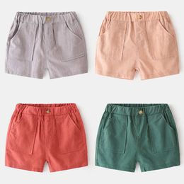 Baby Beach Shorts Summer Kids Clothes Toddler Boy Elastic Pure Colour Button Decoration Pants Cotton To-Knee LeisureTrousers 210529