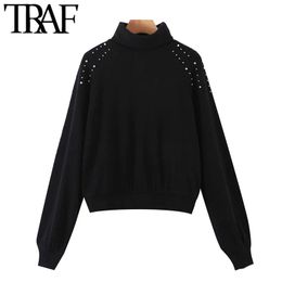 TRAF Women Fashion Rivets Appliques Knitted Sweater Vintage High Neck Long Sleeve Female Pullovers Chic Tops 210415