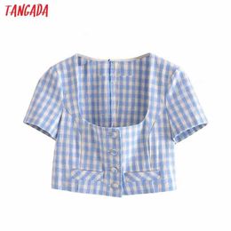 Tangada Women Retro Blue Plaid Romantic Blouse Shirt Short Style Short Sleeve Chic Female Shirt Tops 3H475 210609