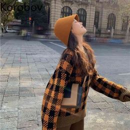 Korobov Vintage Korean Hit Colour Women Sweaters New Chic Office Lady Plaid Jumper Femme Preppy Style Knit Sueter Mujer 210430