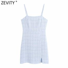 Zevity Women Vintage Plaid Print Tweed Sling Mini Dress Female Spaghetti Strap Back Zipper Vestidos Chic Summer Dresses DS8329 210603