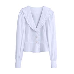 Elegant Women Solid White Patchwork Shirts Fashion Ladies Pearl Button Tops Streetwear Female Chic Ruffles Blouses 210430