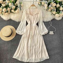 Women Fashion Square Neck Long Sleeve A-line Dress Lady Print Elegant Vintage Sexy L=korean Vestidos R332 210527