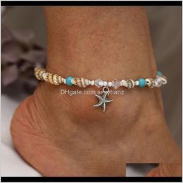 Vintage Turquoise Beaded Starfish Charm Pendant Anklets Yoga Bracelets Dangle Handmade Beach Seashell Crystal Hand Chain Statement Odl Fp8A2