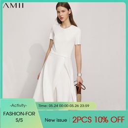 Minimalism Summer Dress For Women Offical Lady Solid Oneck Slim FIt Irregular Hem Women's 12140454 210527