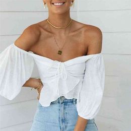 White blouse shirt women spring autumn crop tops solid casual lace up female sexy off the shoulder top 210427
