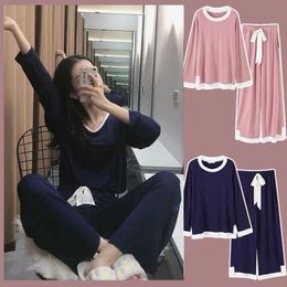 New Listing 2021 Spring Sleep Lounge Pajama Long Sleeve Top + Pant Woman Home Wear Set Leisure Pyjamas Cotton Sleepwear Women X0526