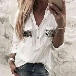 Women White Blouse Long Sleeve Button-Down Low Cut Casual Shirt Tops Fashion Clothes 210607