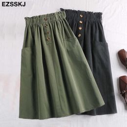 button Midi Skirt Women Spring Summer Casual elegant High Waist pocket skirt female Korean Washed cotton A-line Skirt 210708