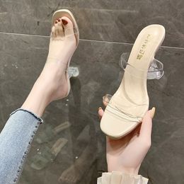 New Summer Slippers Women Shoes Woman Clear Transparent Slippers Female Slides Crystal High Heels Ladies Shoes Mules Plus Size C0410