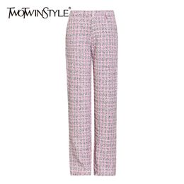 Plaid Pink Straight Pants For Women High Waist Casual Loose Wide Leg Trousers Female Fashion Clothing 210521