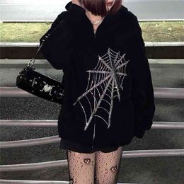 Gothic Black Punk Hooded Women Fairy Grunge Dark Academia Jacket Coat Harajuku Zipper Sweatshirts Emo Alt Clothing 210909