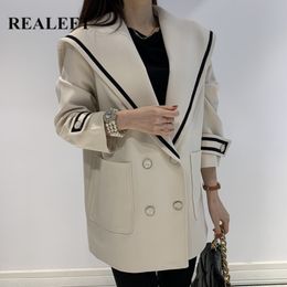Autumn Winter Formal Women's Jacket Double Breasted Loose Jackets Navy Collar Chic Ladies Outwear Pockets 210428