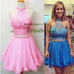 New Arrival Halter Chiffon Prom Dresses Sleeveless Custom Made two pieces Evening Gowns robe de soirée