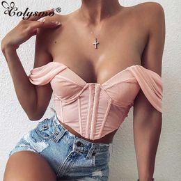 Colysmo Underwire Mesh Bustier Women Summer Off Shoulder Boned Push Up Padded Blusas Pink Chic Hasp Corset Tops 210527