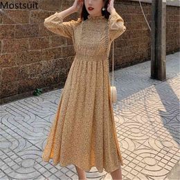 Floral Printed Chiffon Women Long Dress Spring Full Sleeve Stand Collar Korean Elegant Dresses Vintage Ladies Vestidos 210513