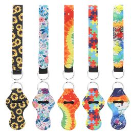 5 Sets Lipstick Holder Flower Printed Cloth Band Keychain Key Chain Lanyard For Women Phone Case Wallet