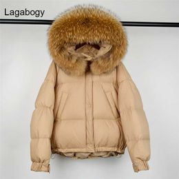 Lagabogy Winter Women Natural Raccoon Fur White Duck Down Coat Female Hooded Warm Puffer Jacket Loose Parkas Snow Outwear 211126