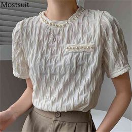 Summer Pearl Beading T Shirt Tops Women Short Sleeve O-neck Elegant Korean Fashion Tees T-shirt Femme 210513