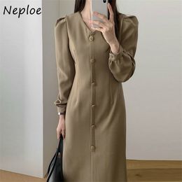 Korean Simple Solid Dress Women V Neck Single Breast Design Long Sleeve Vestidos High Waist Hip Straight Robe Spring 210422