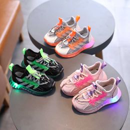 Children spring and autumn flying woven wings lighted shoes boys and girls lumious soft bottom anti-slip breathable sneakers 210713