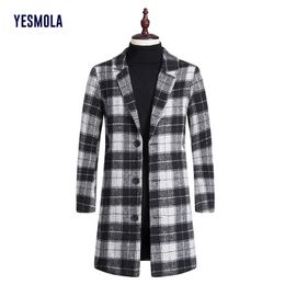 YESMOLA Autumn Winter Plaid Mens Wool Coat Long Sleeve Woollen Jackets Single Breasted Streetwear Fashion Long Trench Outerwear 211122