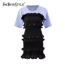 Casual Hit Colour Patchwork Dress For Women O Neck Short Sleeve High Waist Lace Up Bowknot Mini Dresses Female 210520