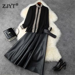 Spring Autumn Designers Runway Set Office Lady Party Two Piece Outfits Luxury Embroidery Chiffon Shirt and PU Leather Skirt Suit 210601