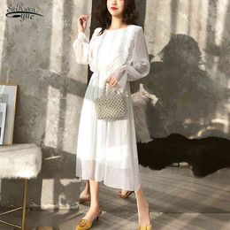 Spring Elegant Ruffles Polka Dot White Women Chiffon Dress Elastic Waist Female Long Vestidos Retro A-line 3508 50 210508