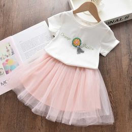 Girls Party Dresses 2021 New Summer Fashion Cute Costume Set Girl Kids Embriodery Dress Mesh Sweet Children Clothing Suits 3-7Y G1026